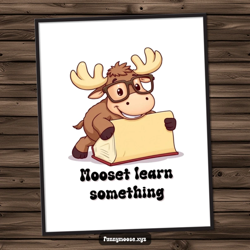 Funny Moose Poster with oversized glasses tripping over a book, humorous wall art for reading nooks.