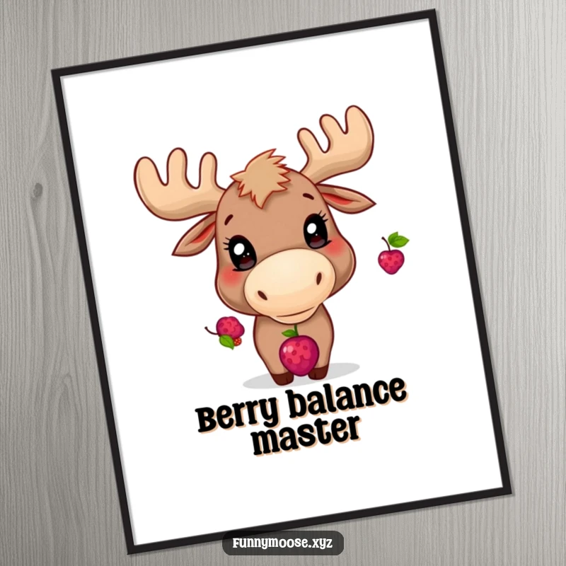 Funny poster art of a playful moose with bright eyes, expertly balancing a berry on its nose.