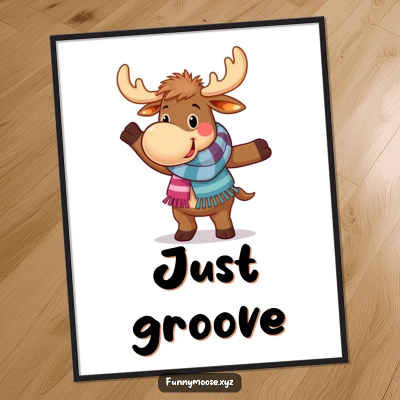 Funny moose dance poster depicting a joyful moose in a vibrant scarf, performing a comical, clumsy dance move on a plain background.