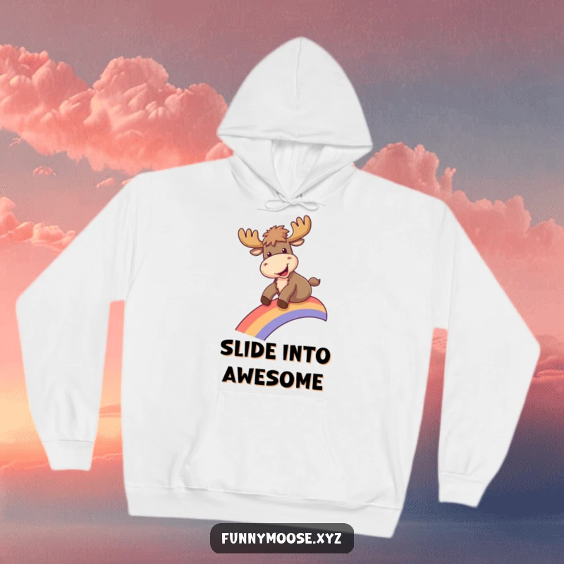 Funny hoodie featuring a happy moose sliding down a colorful rainbow, perfect for staying warm and spreading cheerful vibes.