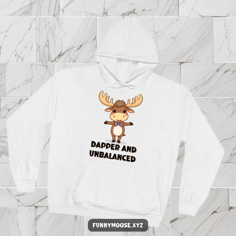 Funny hoodie with a giggling moose wearing a bowtie, large antlers, and balancing, designed for cozy, humorous wear.