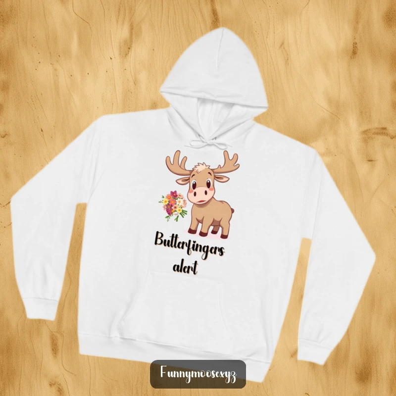 Funny cozy hoodie showcasing a startled moose with wide eyes, comically dropping a bouquet of flowers, perfect for casual wear.