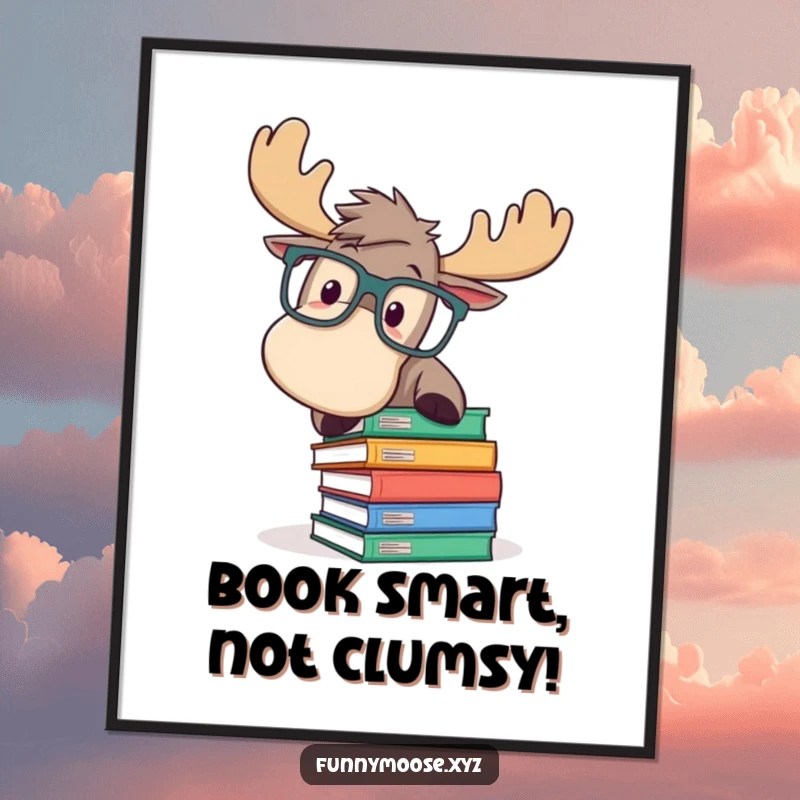 Funny Free Printable Wall Art of a playful moose in oversized glasses comically tripping over a large stack of books.