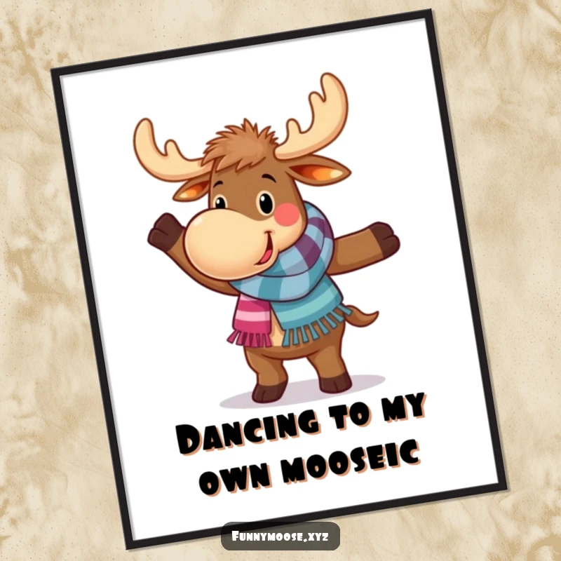 Funny Free Printable Wall Art: A joyful moose in a scarf performing a silly, clumsy dance, adding quirky charm