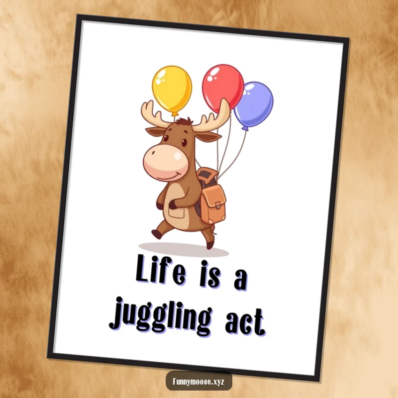 Funny Free Printable Wall Art: A cute moose in a backpack juggles vibrant balloons, adding playful charm to your decor.