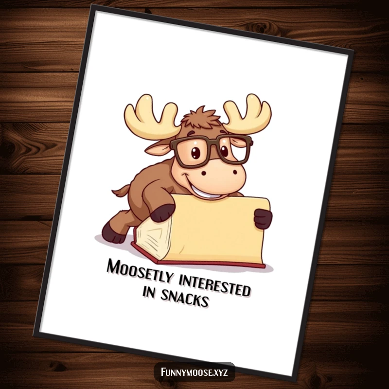Funny free printable wall art of a happy moose wearing glasses, tripping over a large book with a silly grin.