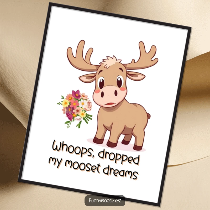 Funny Free Printable Wall Art: A moose with a shocked expression dropping a colorful bouquet of flowers