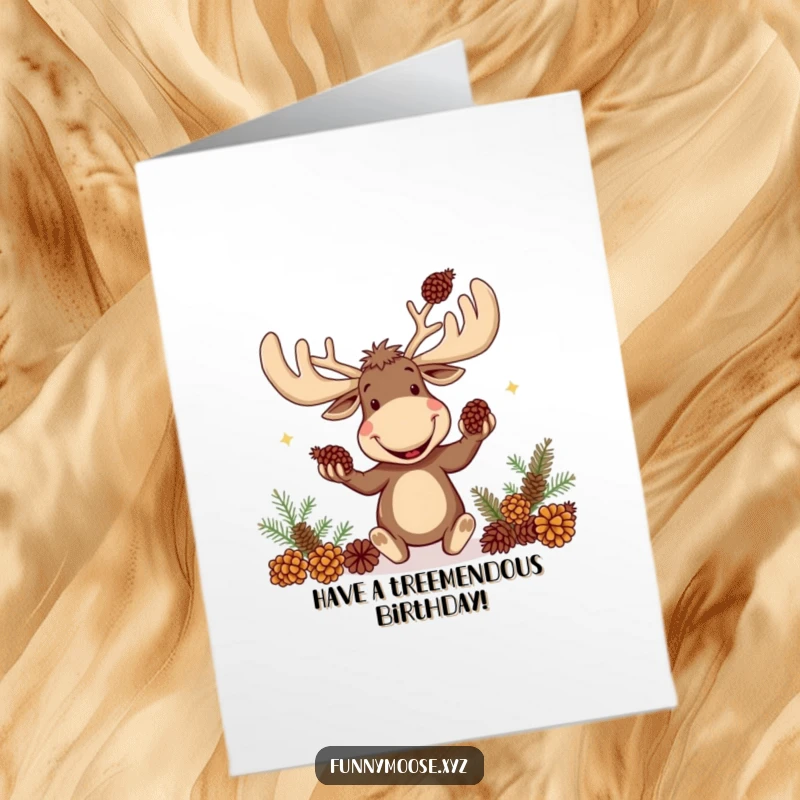 Funny Free Printable Birthday Card: Goofy moose with oversized antlers joyfully juggling pinecones for a birthday party.