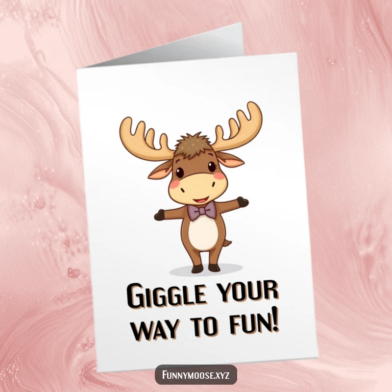 Funny free printable birthday card: A giggling moose in a tiny bowtie balances precariously, looking dapper.