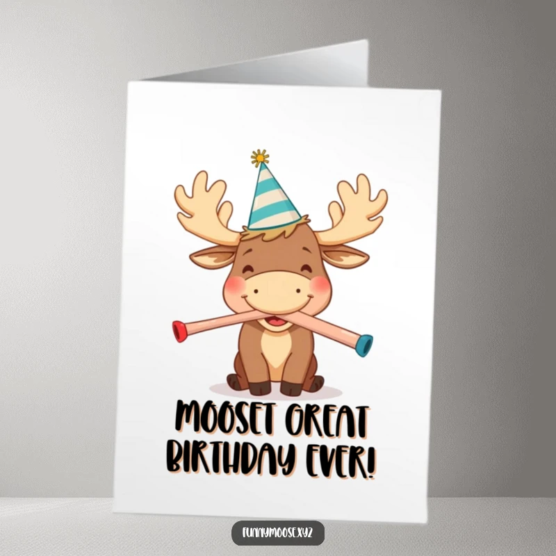 Funny Free Printable Birthday Card featuring a happy cartoon moose in a party hat, joyfully blowing a kazoo.