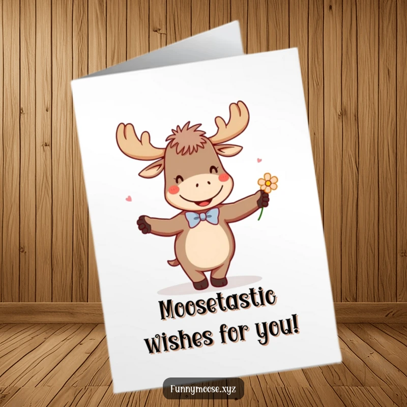 Funny free printable birthday card: Giggling moose in a tiny bowtie joyfully dances with a bright flower, perfect for download.