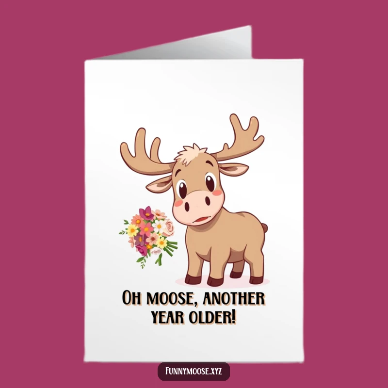 Free Printable Birthday Card: Startled Moose Dropping Flowers, Funny Downloadable Gift