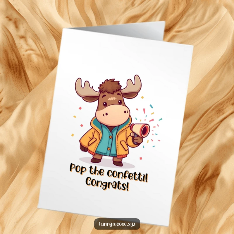 Funny Free Printable Congrats Card: A festive moose in a bright jacket sprays a confetti cannon, celebrating your win.