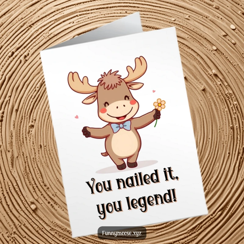 Funny free printable congratulations card: Giggling moose in a tiny bowtie dances with a flower, ideal for a cheerful celebration.