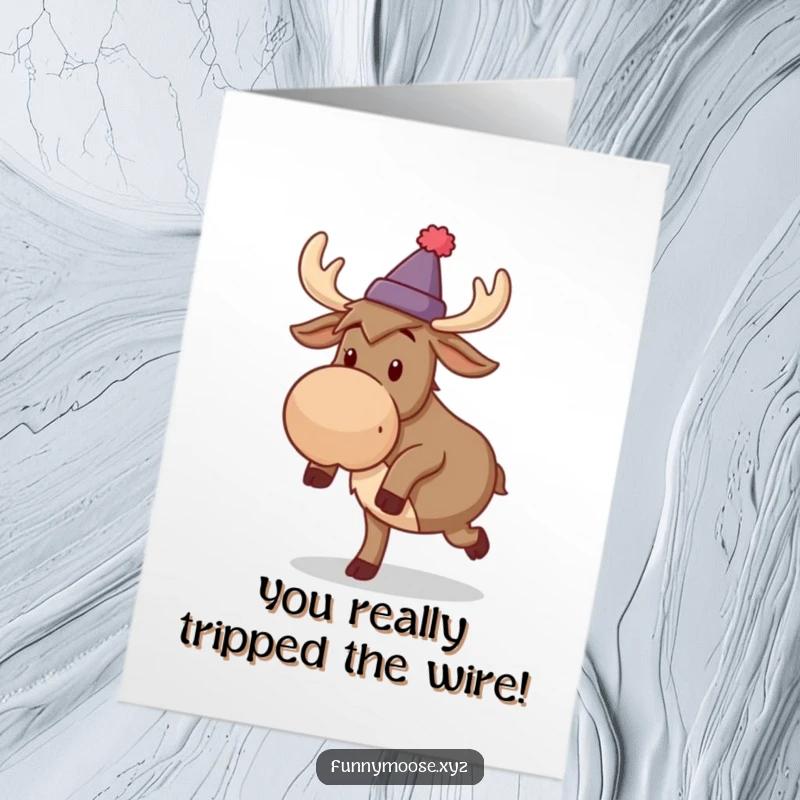 Funny Free Printable Congrats Card: A silly moose in a tiny hat comically tripping to celebrate an occasion.