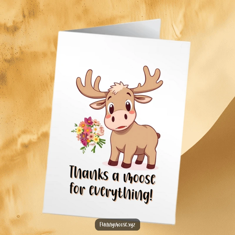 Funny Free Printable Thank You Card: A startled moose with wide eyes dropping a bunch of flowers