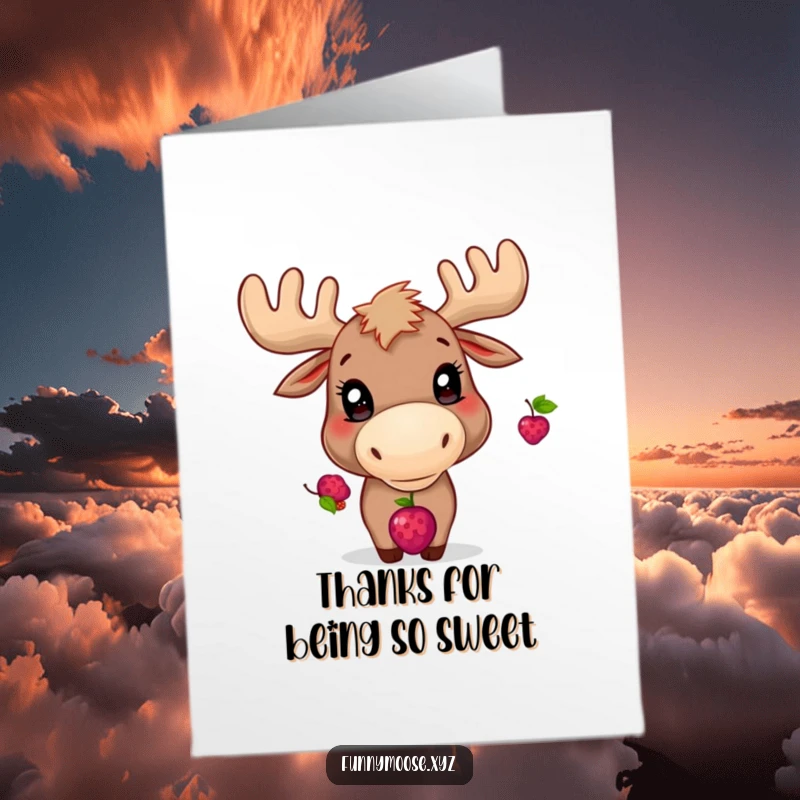 Funny Free Printable Thank You Card: Playful moose with bright eyes balancing a berry on its nose to say thank you.