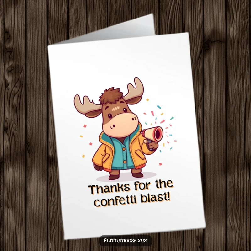 Funny Free Printable Thank You Card: A cheerful moose in a bright jacket fires a confetti cannon, sending thanks.
