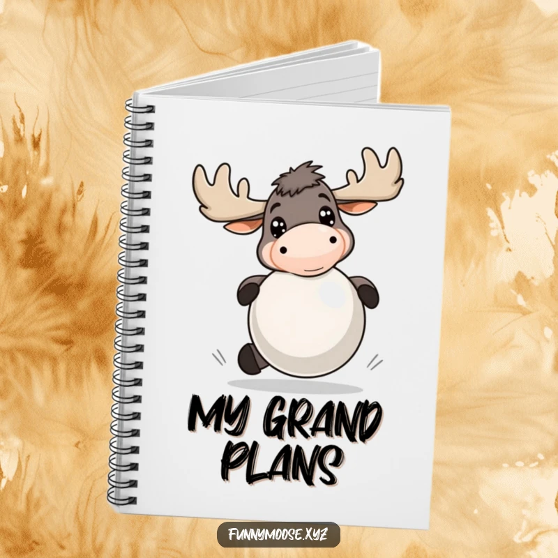 Funny notebook illustrating an energetic moose with bright eyes, playfully bouncing a large ball, ideal for note-taking.