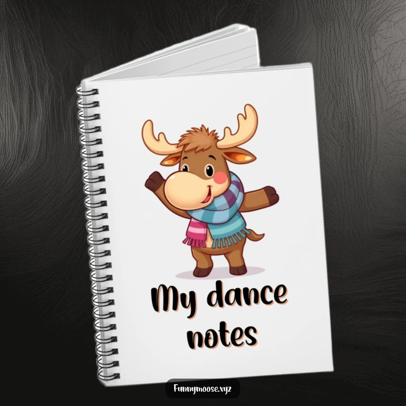 Funny notebook cover featuring a happy moose in a colorful scarf, performing a funny, clumsy dance move, ready for notes.