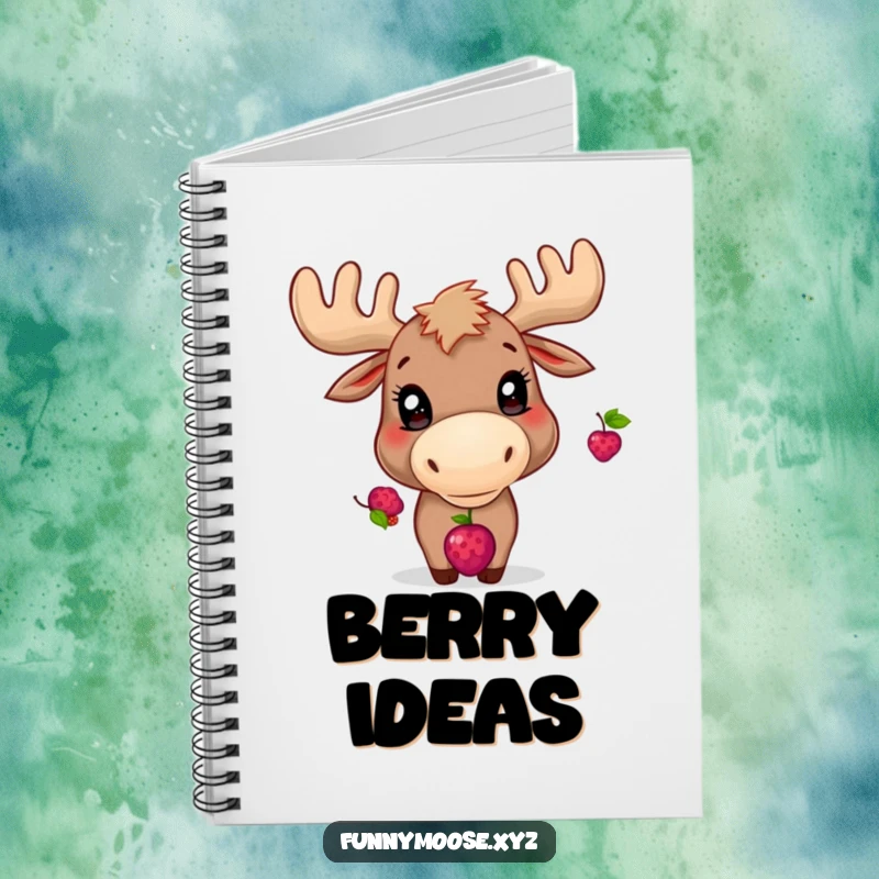 Funny notebook cover art of a playful moose balancing a berry on its nose.