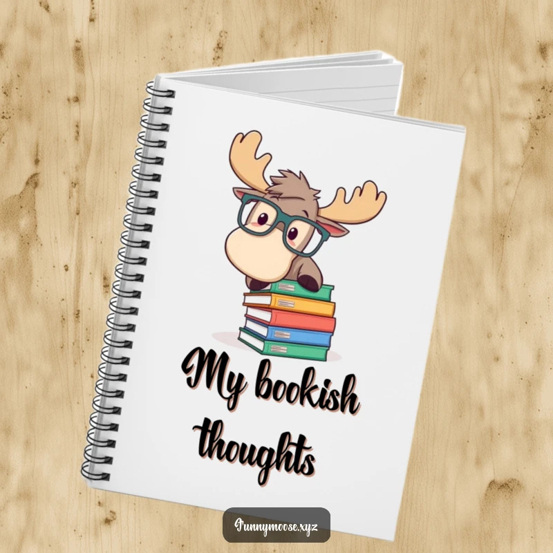Funny notebook with a playful moose in large glasses, comically tripping over books, perfect for creative writing and humorous note-taking.