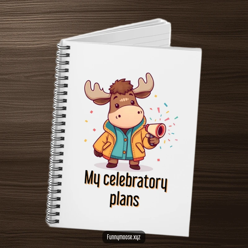 Funny moose notebook in a bright jacket spraying a confetti cannon, ideal for jotting down festive plans and ideas.