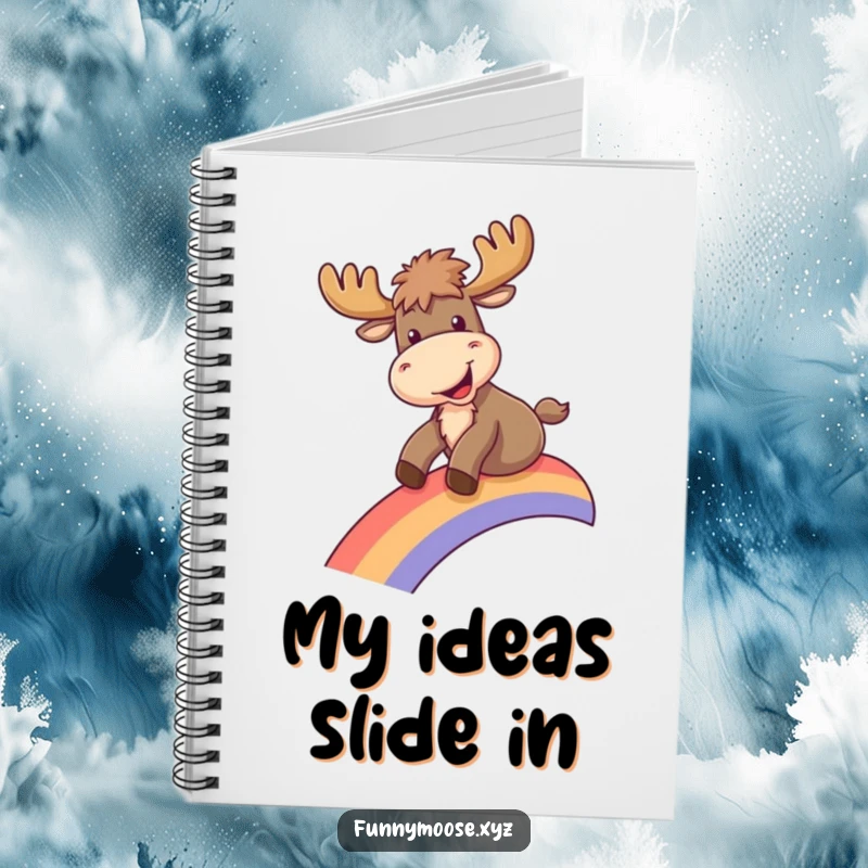 Funny notebook cover shows a moose joyfully sliding down a rainbow, perfect for jotting down notes with a smile.