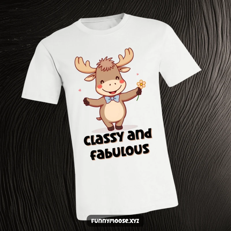 Funny t-shirt depicting a giggling moose in a tiny bowtie, joyfully dancing with a flower, a symbol of pure fun.