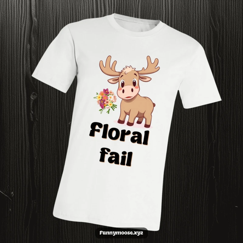 Funny moose t-shirt featuring a startled moose with a shocked expression, accidentally dropping a vibrant bouquet of flowers.