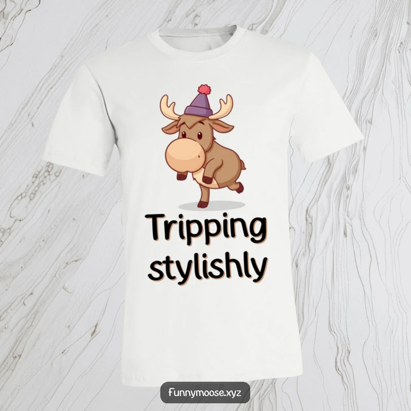 Funny t-shirt graphic of a silly moose wearing a tiny hat, comically stumbling and tripping.