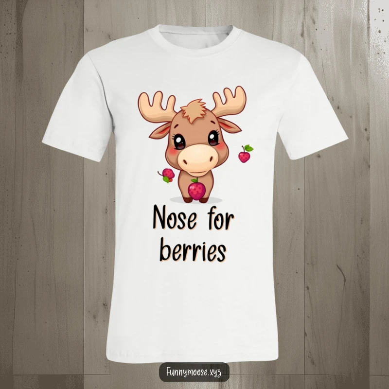 Funny t-shirt graphic of a happy moose concentrating intensely while balancing a berry on its nose.