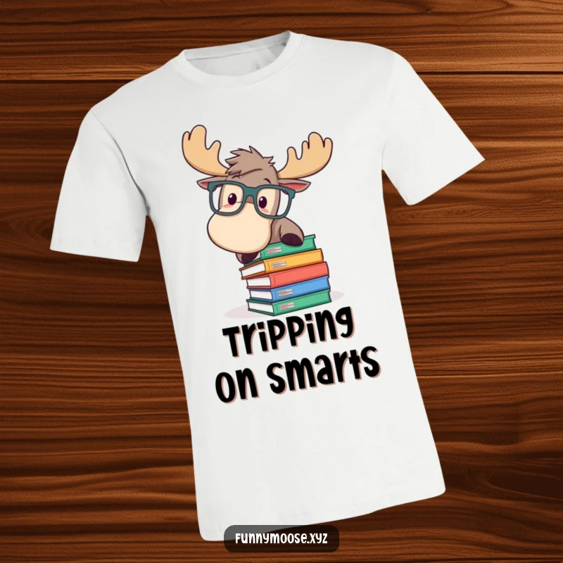 Funny t-shirt showing a playful moose in large glasses, comically tripping over a pile of books, radiating relatable academic struggle.