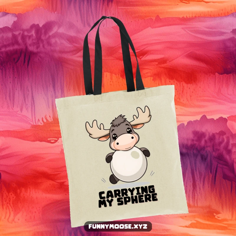 Funny tote bag illustrating an energetic moose with bright eyes, playfully bouncing a large ball, perfect for active outings.