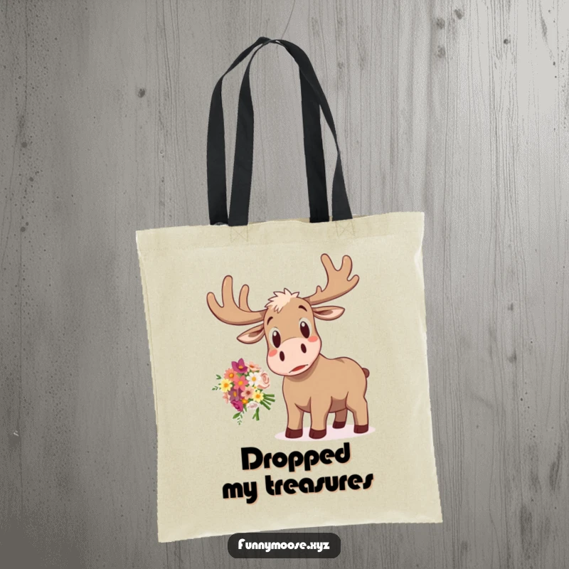 Funny tote bag featuring a startled moose with a shocked expression, comically dropping a bouquet of flowers, ready for errands.