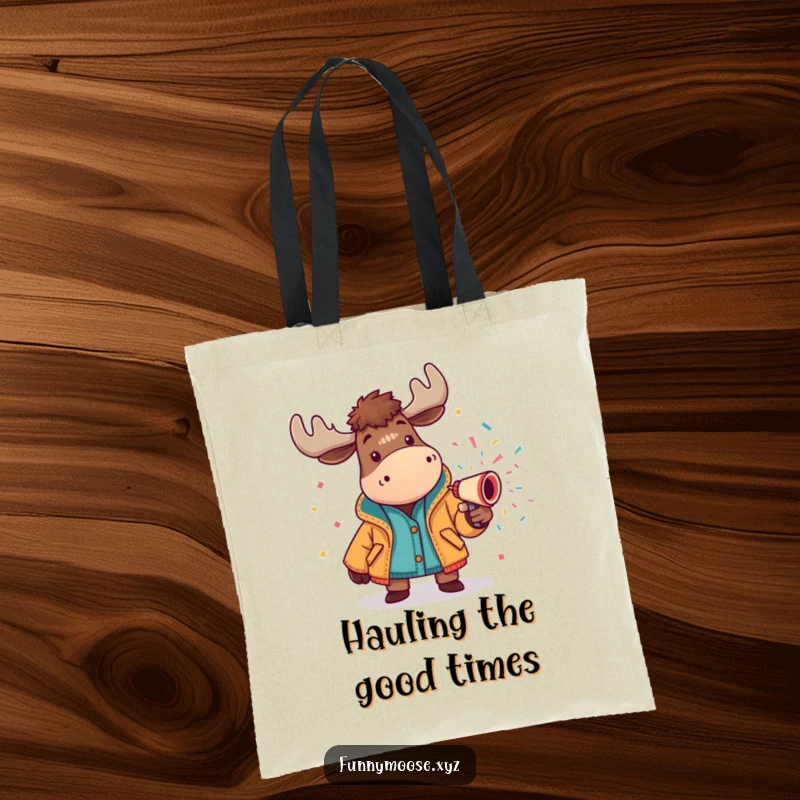 Funny moose tote bag in a bright jacket spraying a confetti cannon, great for carrying party supplies humorously.