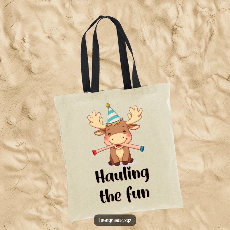 Funny tote bag with a happy cartoon moose wearing a party hat, joyfully blowing a kazoo, ideal for shopping with a festive flair.