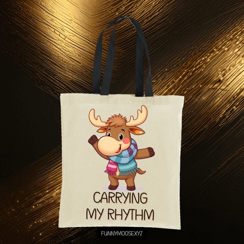 Funny tote bag with a happy moose in a colorful scarf, doing a funny, clumsy dance move, ready for shopping adventures.